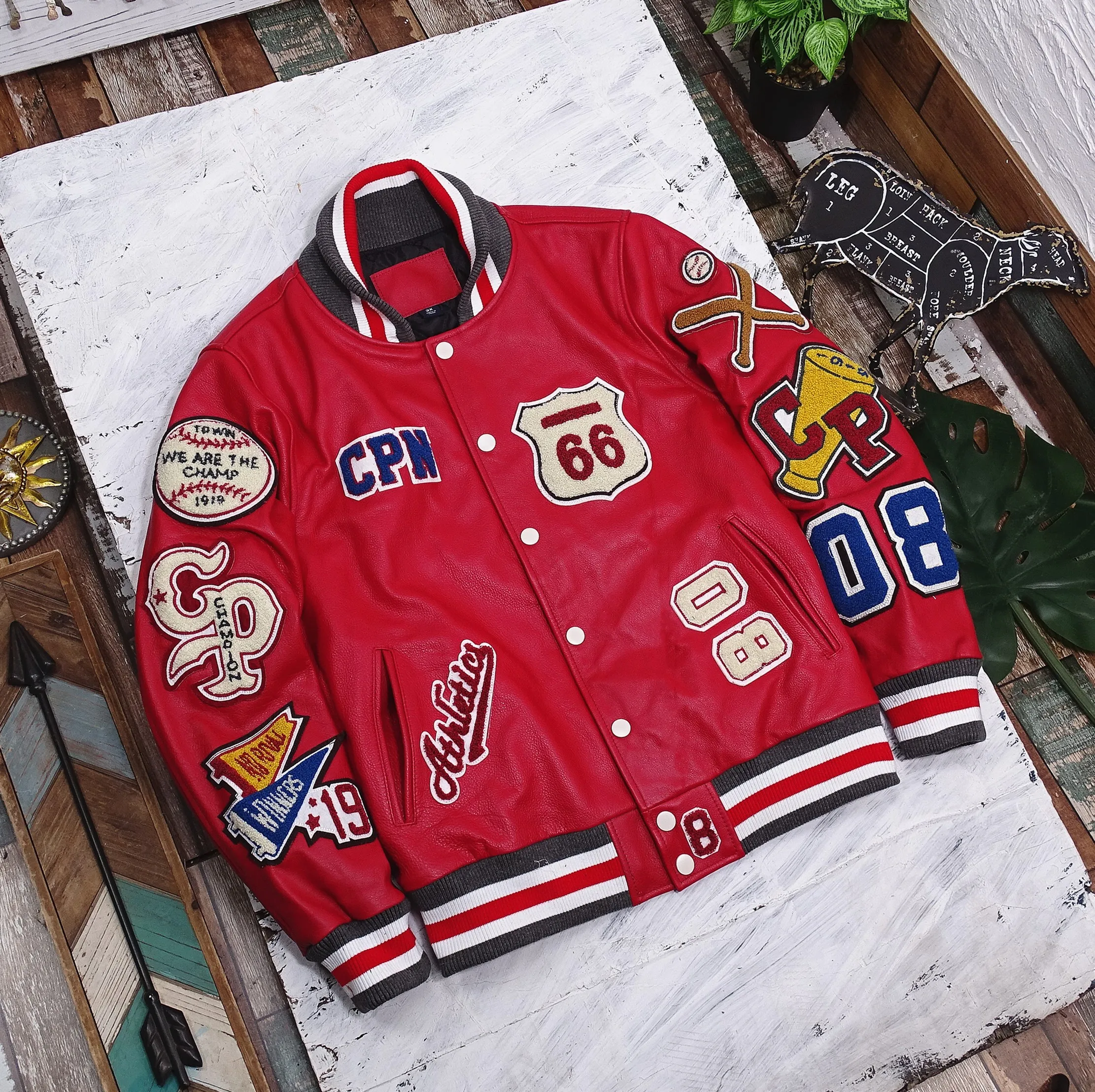 

Soft Nourishing Baseball Jacket Embroidered Top Layer Yellow Cowhide Cotton Interlined Men's Warmth Leather Jacket for Youth