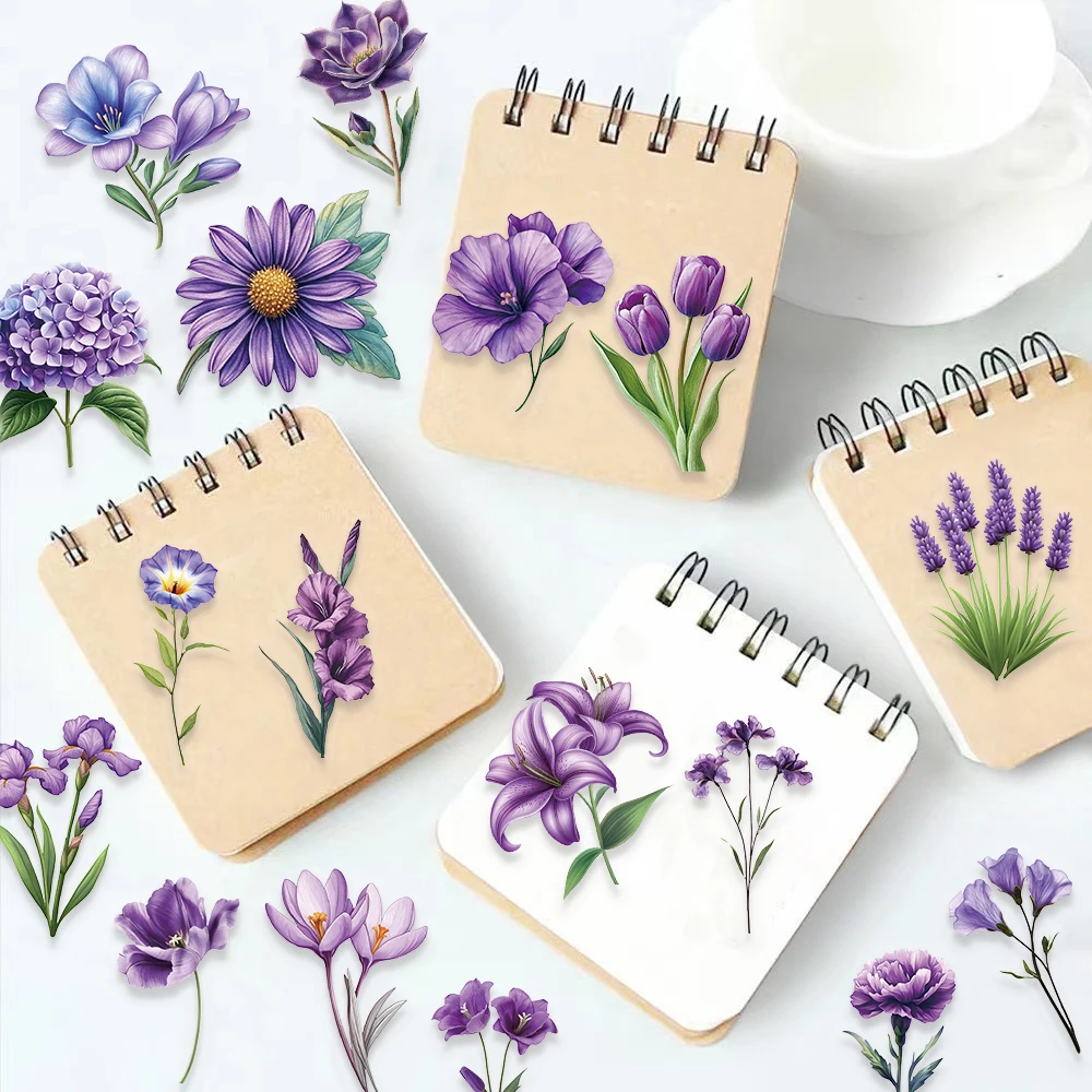 50PCS Purple Flower Graffiti PET Material Stickers Notebook Desktop Handbooks Decorative Waterproof Stickers