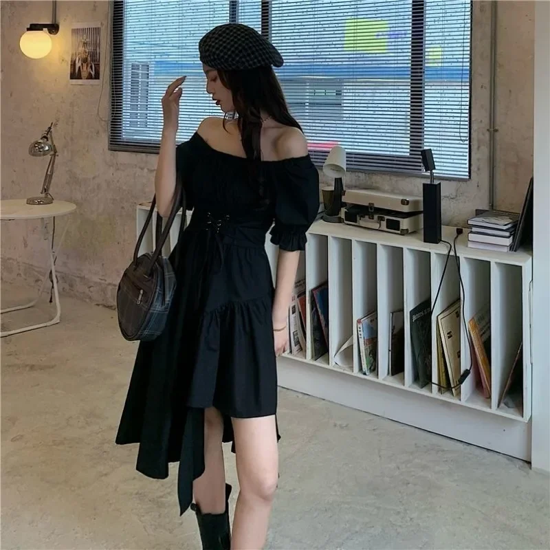 Kawaii Dress Women Party Puff Sleeve Gothic Fashion Summer Irregular Lace-up Elegant Chic Lovely Holiday Sweet Sundress Vestidos