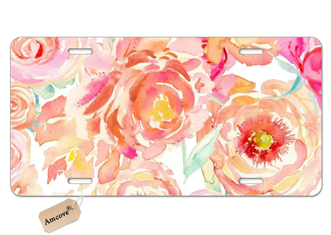 Peach Peony License Plate, Watercolor Flowers Aluminum Car Metal License Plate for Car Four Holes Car Tag 12