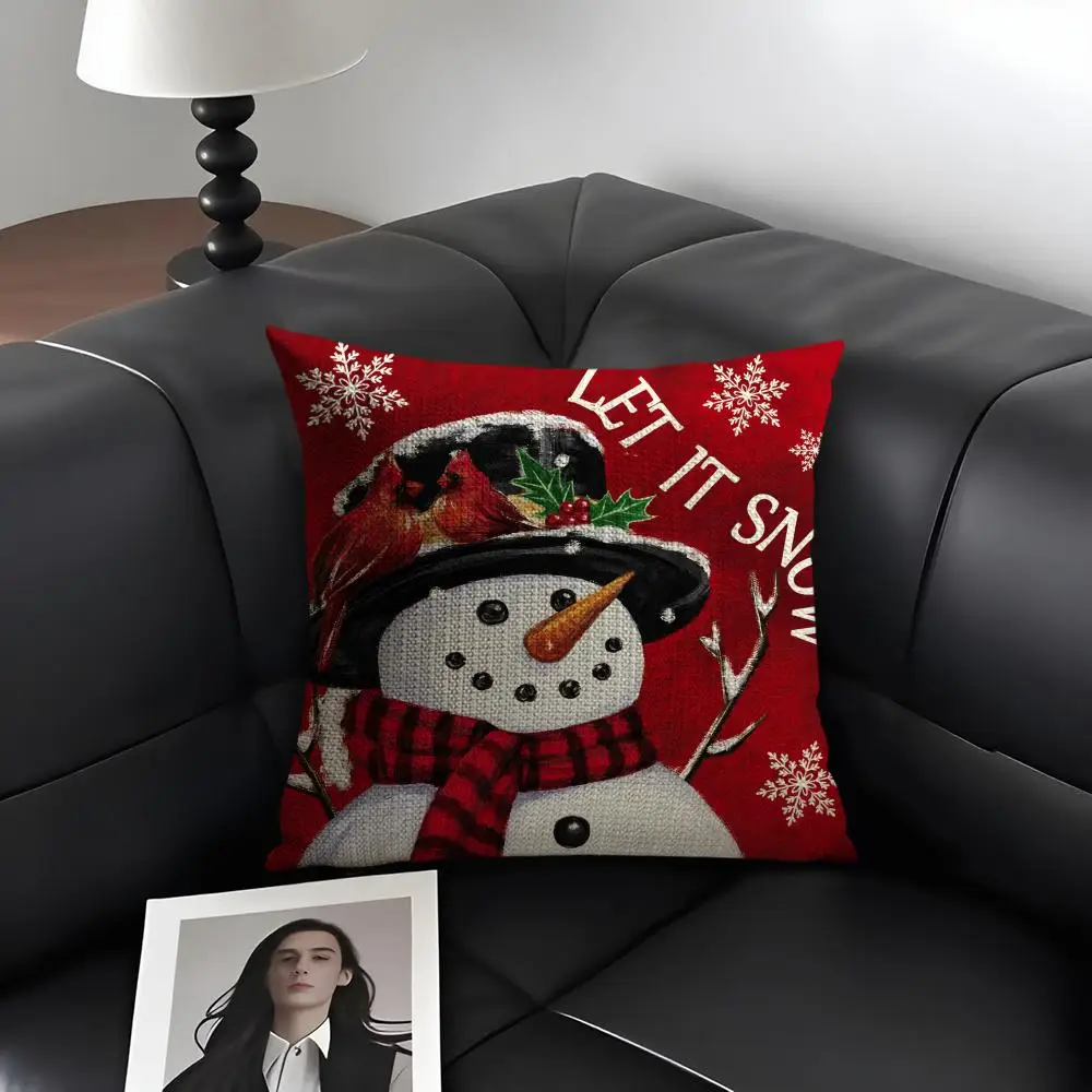 Snowman Wreath Christmas Paintings Natural Linen Cushion Cover Double-Sided Print Sofa Pillowcase Home Decor Gift