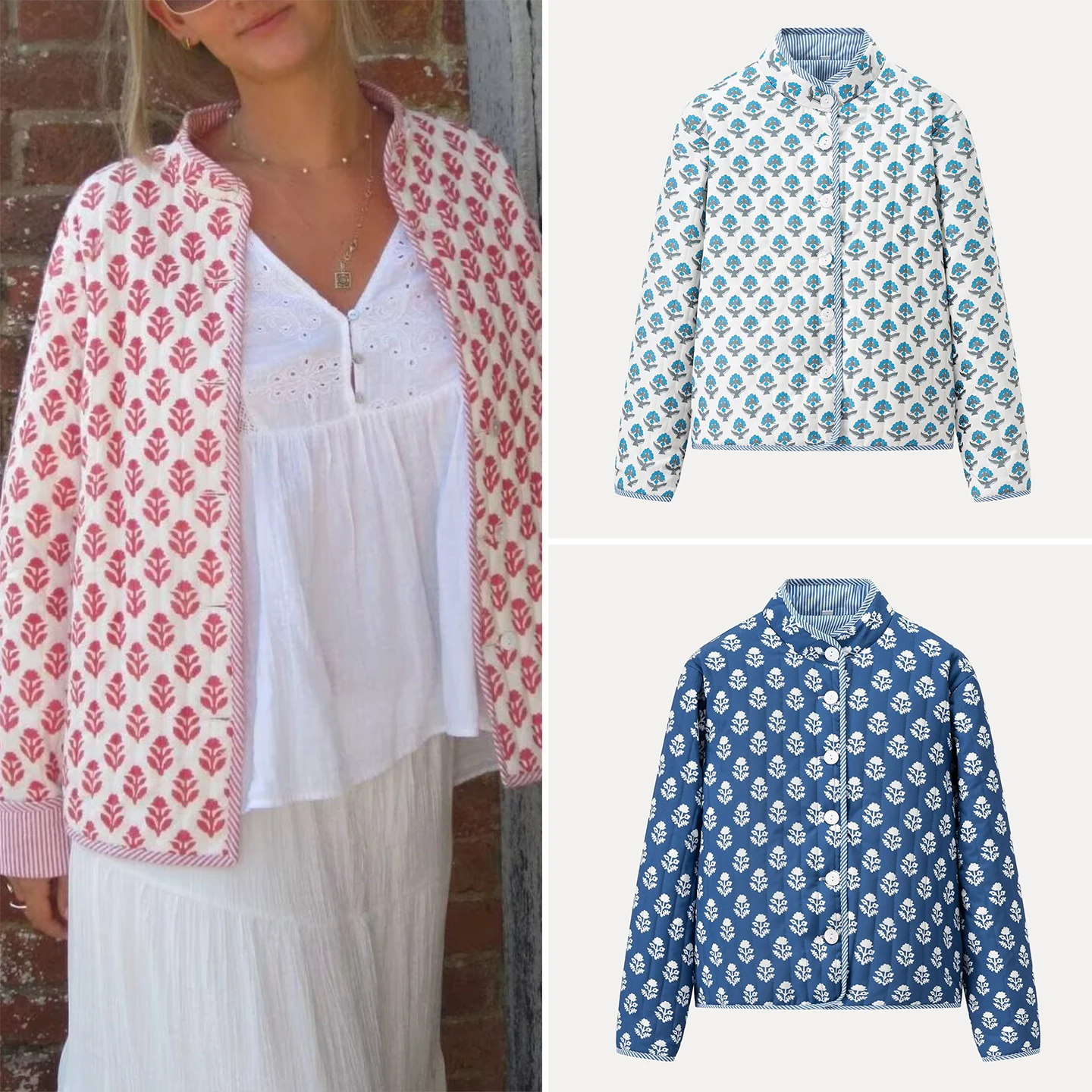 

Double-Sided Wear Cotton Jaet Casual Collar Printed Women's Autumn New Sle Commute Straight Tube Long Sve Single Button