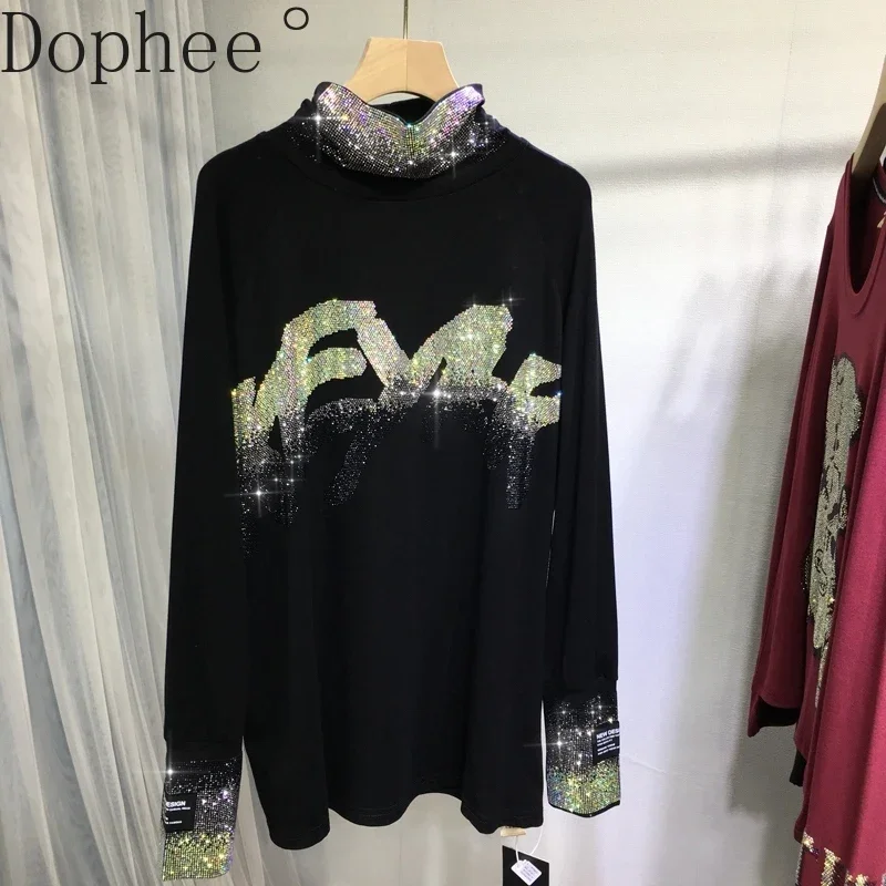 

Shiny Hot Drilling Women Tshirts All-match Autumn Winter High Collar Pullover Long Sleeve Basic Shirt Mid-long Oversize Top 2024