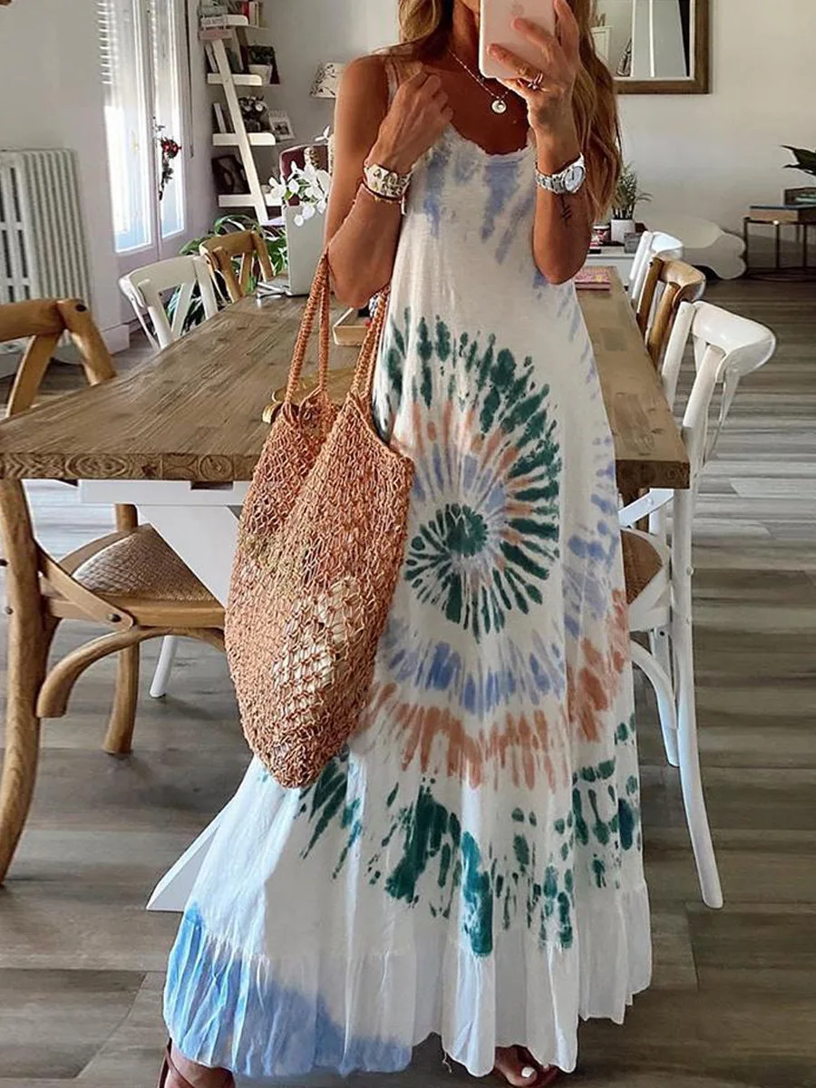 

Women Dress Print Long Dresses A Line Casual Loose Beach Regular Sleeveless Round Neck Pleated Vestidos Summer Elegant Splice