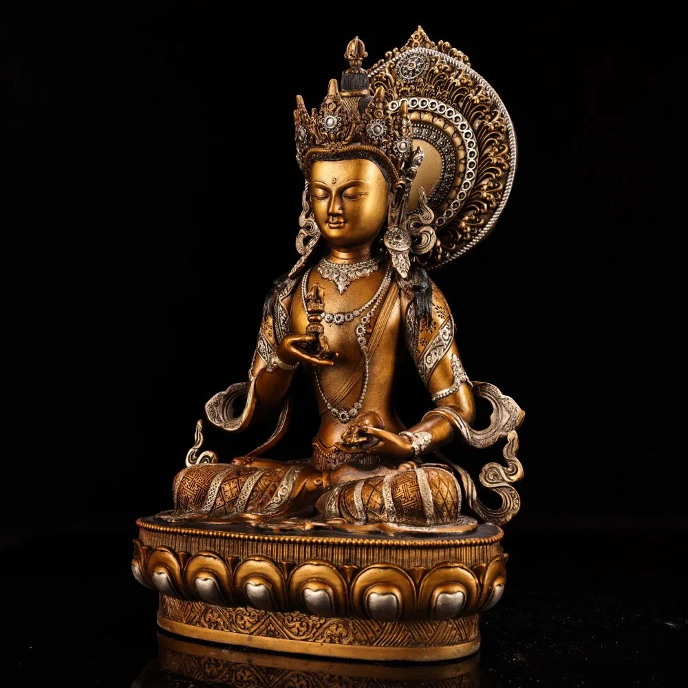 Vintage Tibet Nepal Vajrasattva Statue High Relief Gold Silver Engraved Fine Carving Home Decor Antique