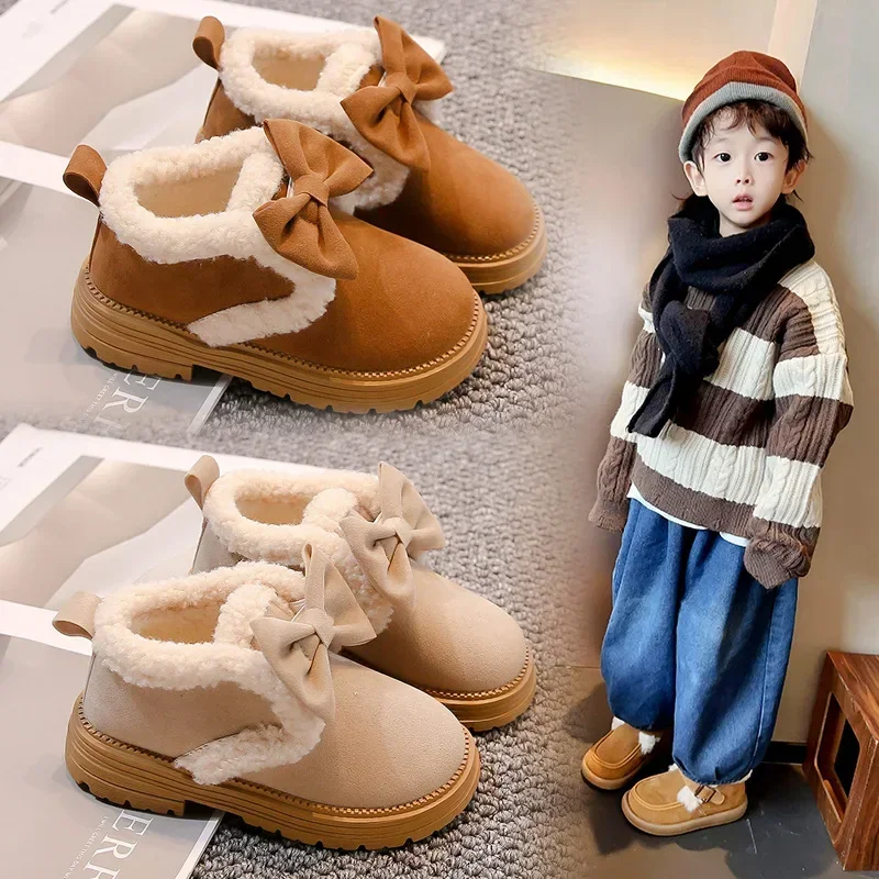 Botas cálidas con lazo grande para niñas, botas de princesa antideslizantes con gancho y bucle, moda para chicas, botas de nieve dulces y elegantes, invierno 2024