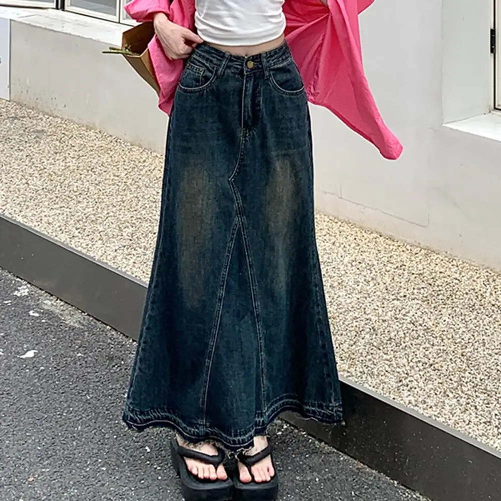 

Zipper Half-opening Maxi Skirt Retro Denim Maxi Skirt with A-line Silhouette High Waist Ripped Edge Women's Ankle Length Solid