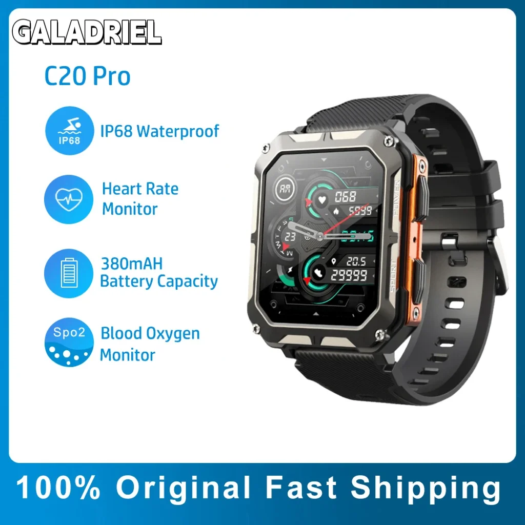 C20 Pro smartwatch, Bluetooth 5.0, heart rate, blood oxygen pressure gauge, 123 sport modes, unisex smartwatch, 1.83 inche