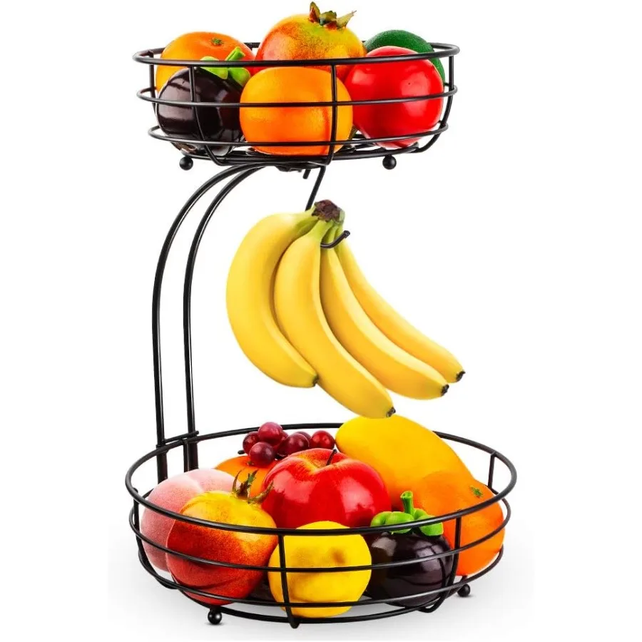 Cesta de almacenamiento de frutas y verduras para encimera, color negro, 2 niveles, con colgador de plátano para organización de cocina, capacidad de 64 onzas, Ideal para
