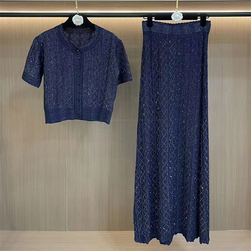 Nouvel ensemble d'été pour femme : cardigan en maille rayé à col rond et manches courtes scintillant