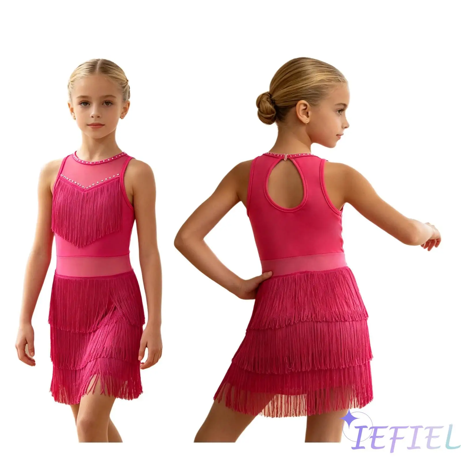 

Kids Tassel Latin Jazz Dancewear Elegant Girls Sleeveless Keyhole Back Mesh Patchwork Dress Samba Rumba Chacha Dance Clothing