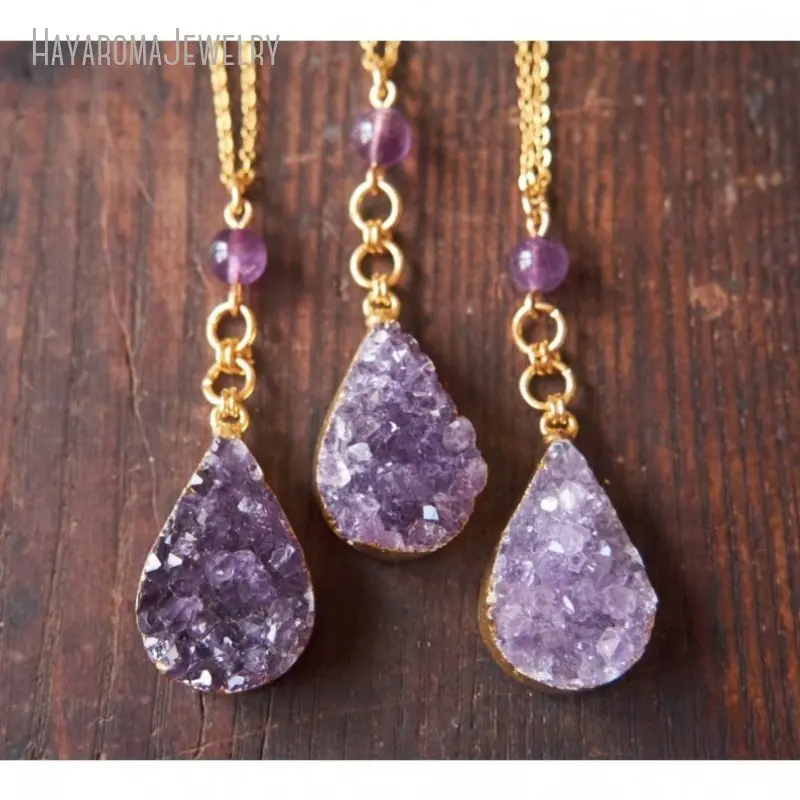 

NM45079 Crystal Amethyst Druzy Pendant February Birthstone Jewelry Raw Gemstone Drop Necklace for Women