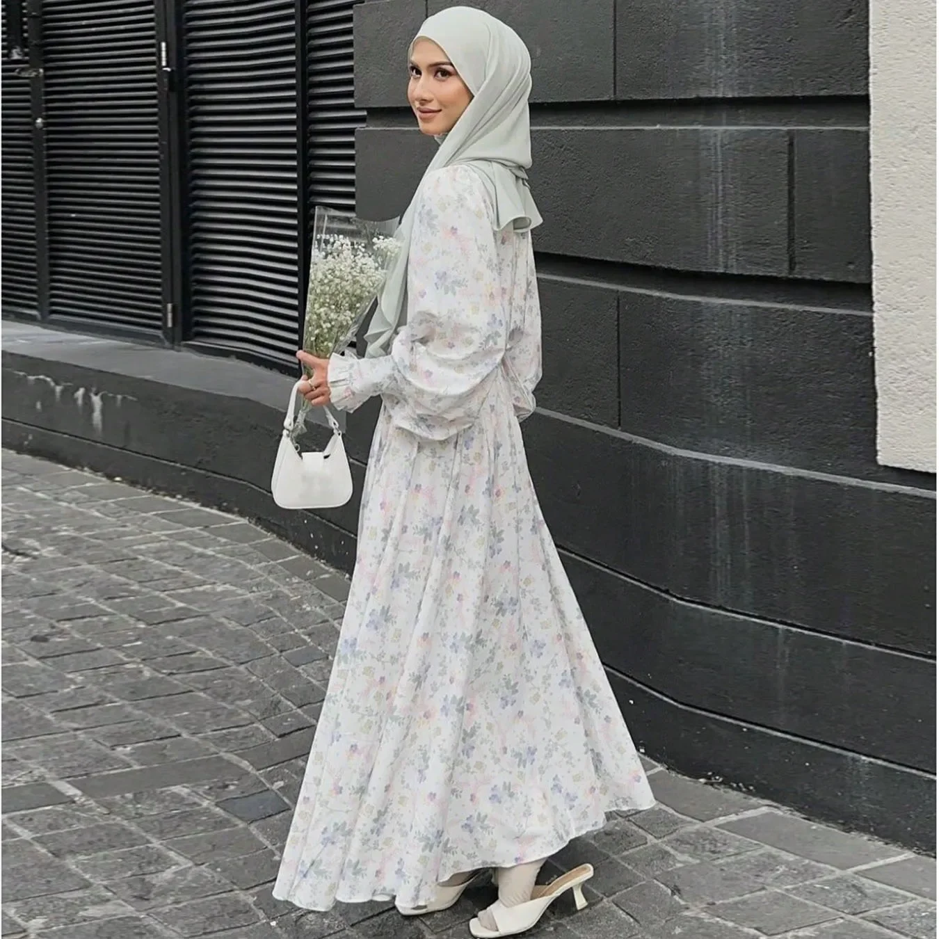 Chiffon Printed Floral Dress Women Full Sleeve Elegant Evening Long Dresses Muslim Maxi Dresses Turkey Women's Clothing