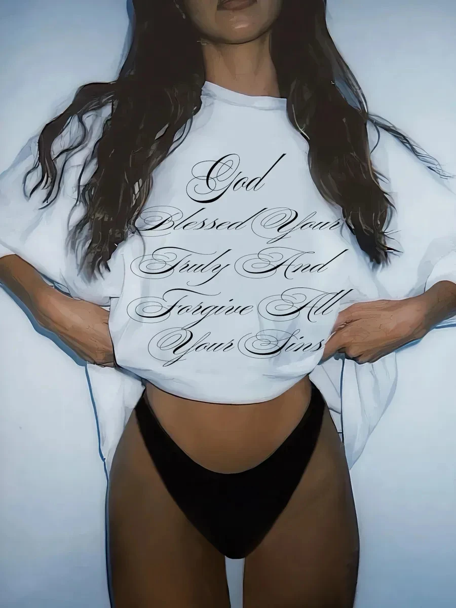 Women Summer Short Sleeve T-shirt God Blessed Letter Print Graphic Tees Casual Vintage Y2K Streetwear Basic Tops