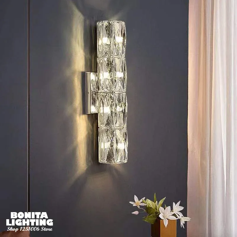 

Hotel Bedside Restaurant Background Wall Decor Wall Sconces European Modern Luxury Stainless Steel K9 Crystal Glass Wall Lamp