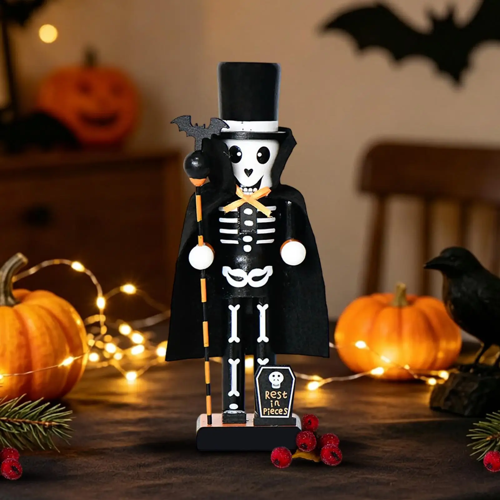 Skeleton Nutcracker 9.84 Inch Wooden Statues Figurine Ornaments Skeleton Nutcracker Figurines For Holiday Fall Christmas Indoor