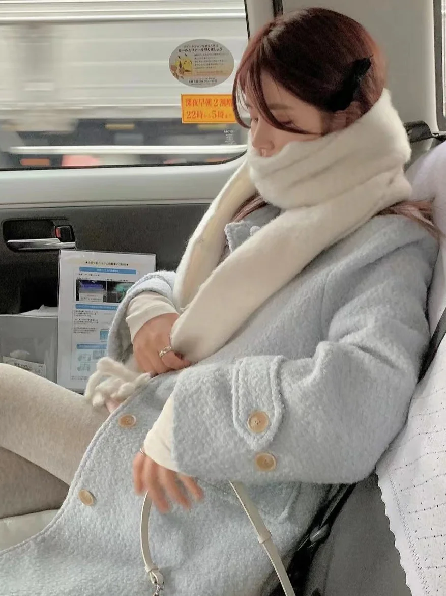 

Soft Cozy Baby Blue Woolen Coat Fem Lead Character Aosphere Sense Ele Agel High-End Feeling Outerwear Jaet