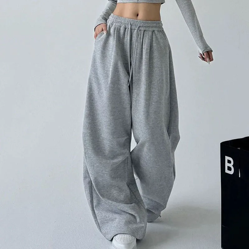 2025 New Woman Drawstring Casual Joggers Trousers Harajuku Wide Leg Sweatpants Women Streetwear Baggy Oversize Gray Sports Pants