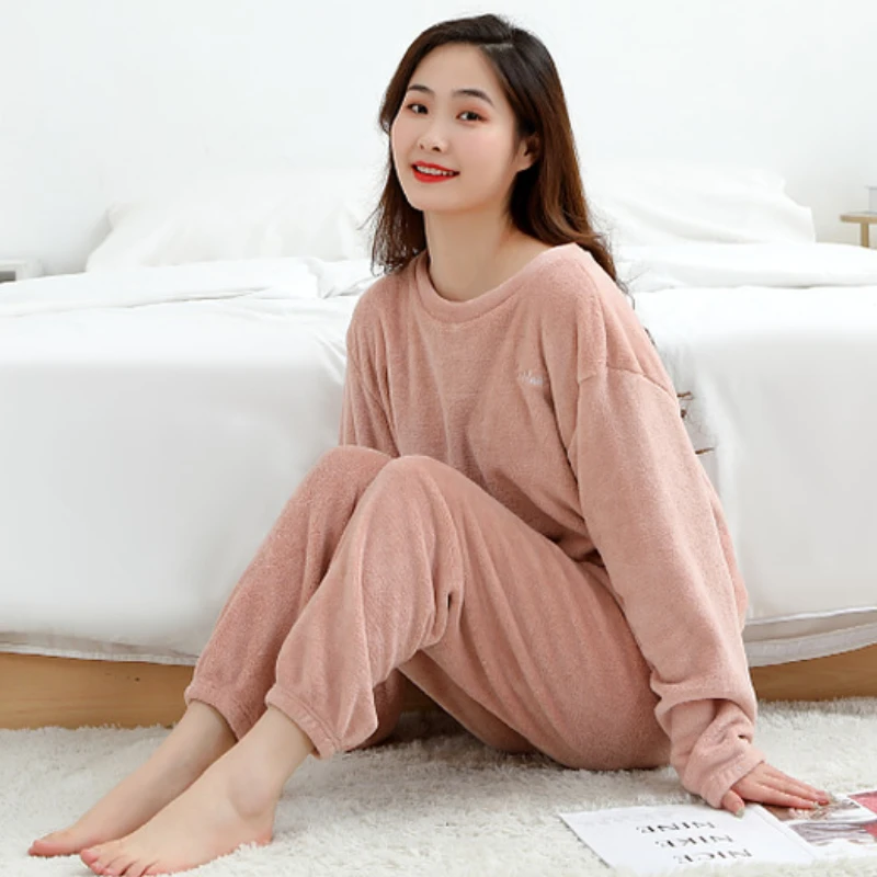 Coral Fleece Pajama Sets Women Thicken Plus Velvet Warm Couples Sleepwear Home Casual Soft All-match Slouchy Ulzzang Simple Chic