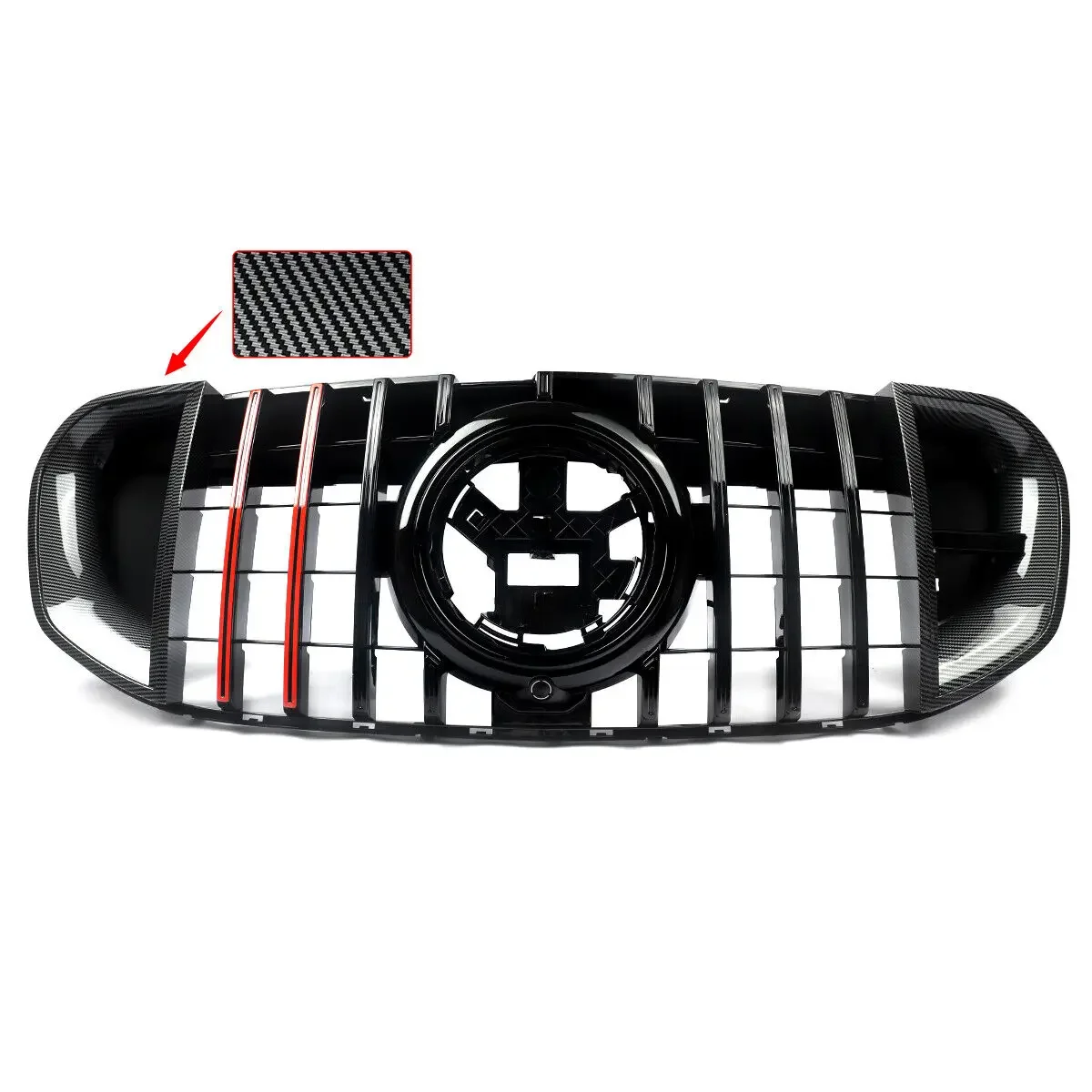 MAGICKIT Front Bumper Grille Gloss Black+Carbon Fiber Pattern+Red Fins Fit FOR Mercedes Benz GLS X167 2020-2023 CAR Accessories