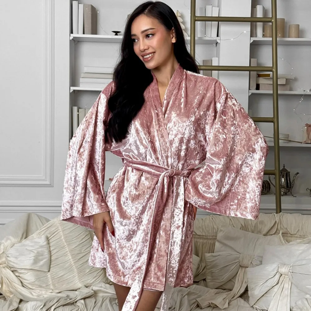 بيجامة نوم نسائية قصيرة مخملية فاخرة من الذهب والماس والخفيف ملابس منزلية بأكمام طويلة #4