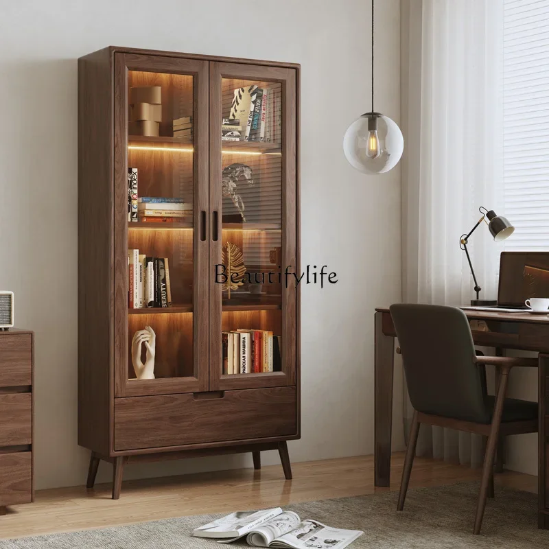 

01LBlack walnut combination bookcase All solid wood Modern simple display bookcase Glass door Locker