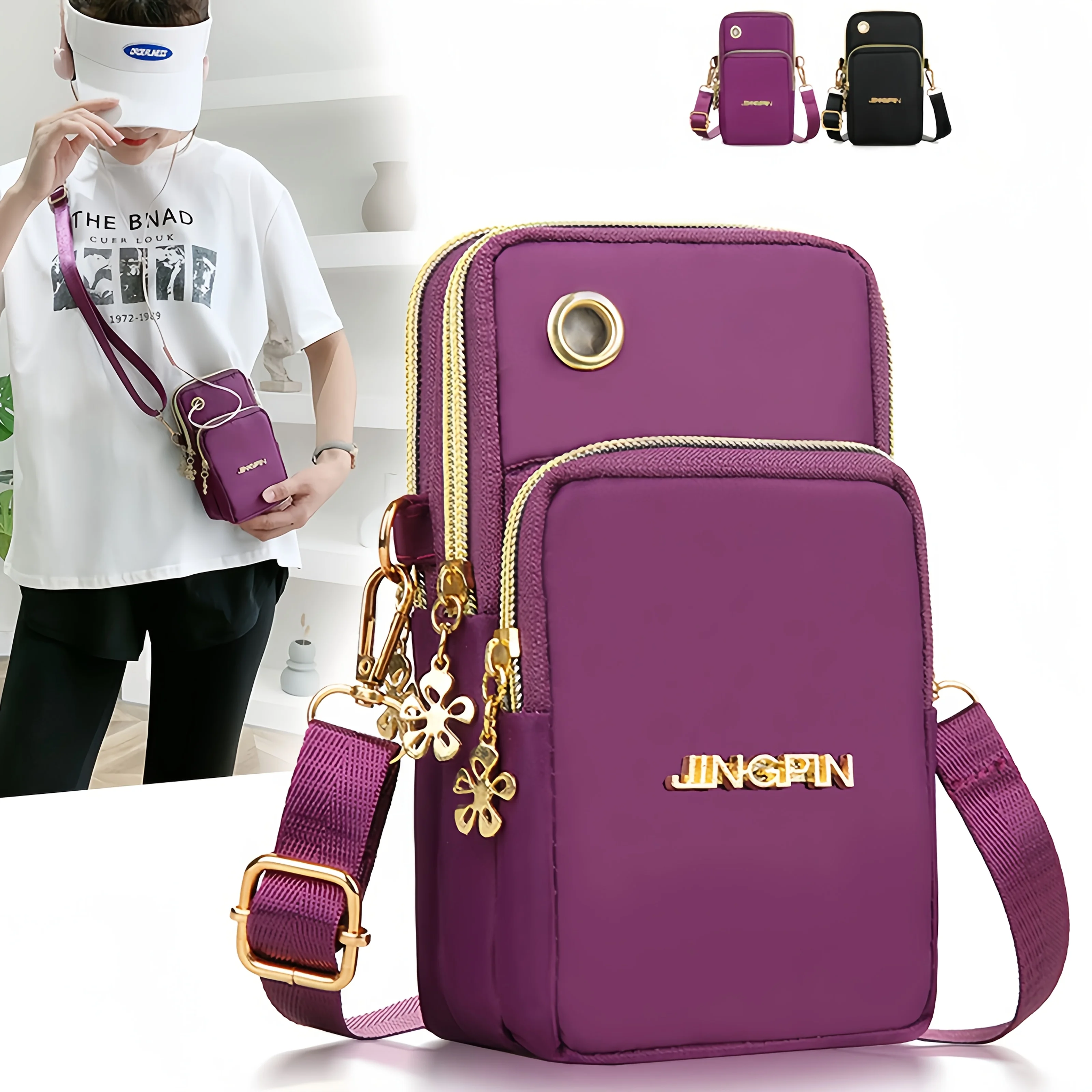 

Stylish nylon crossbody bag with adjustable straps, a portable watch wallet, and a card holder