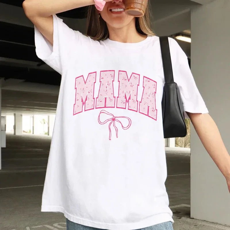 

Mama Fashion T-Shirt Aesthetic Top O-Neck Trendy Cartoon Bow Print Pattern Print Street Versatile Basic Summer Casual T-Shirt.