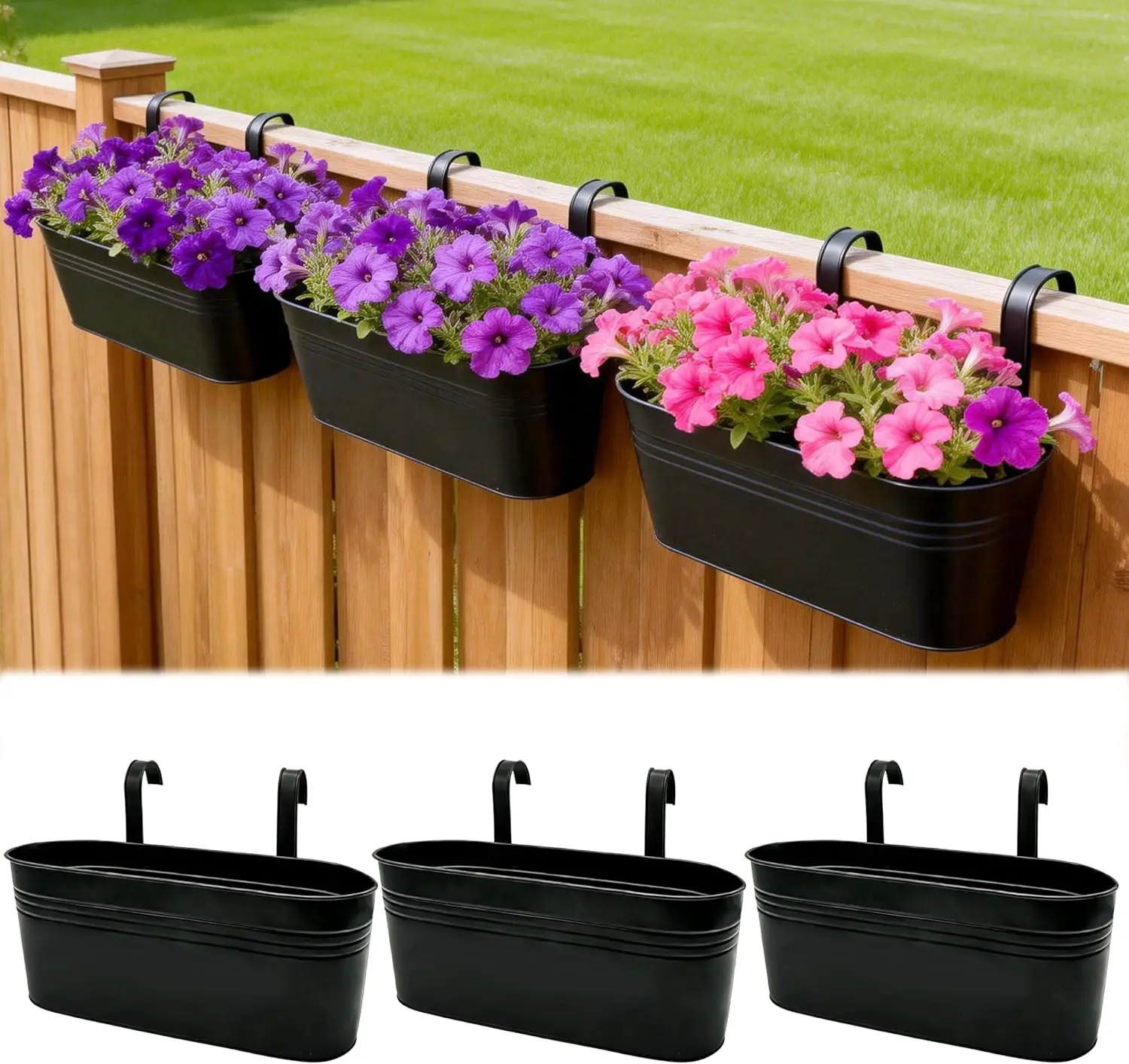 Hanging Planters (16") Black, Metal with Adjustable for Outdoor, Balcony,3-Pack