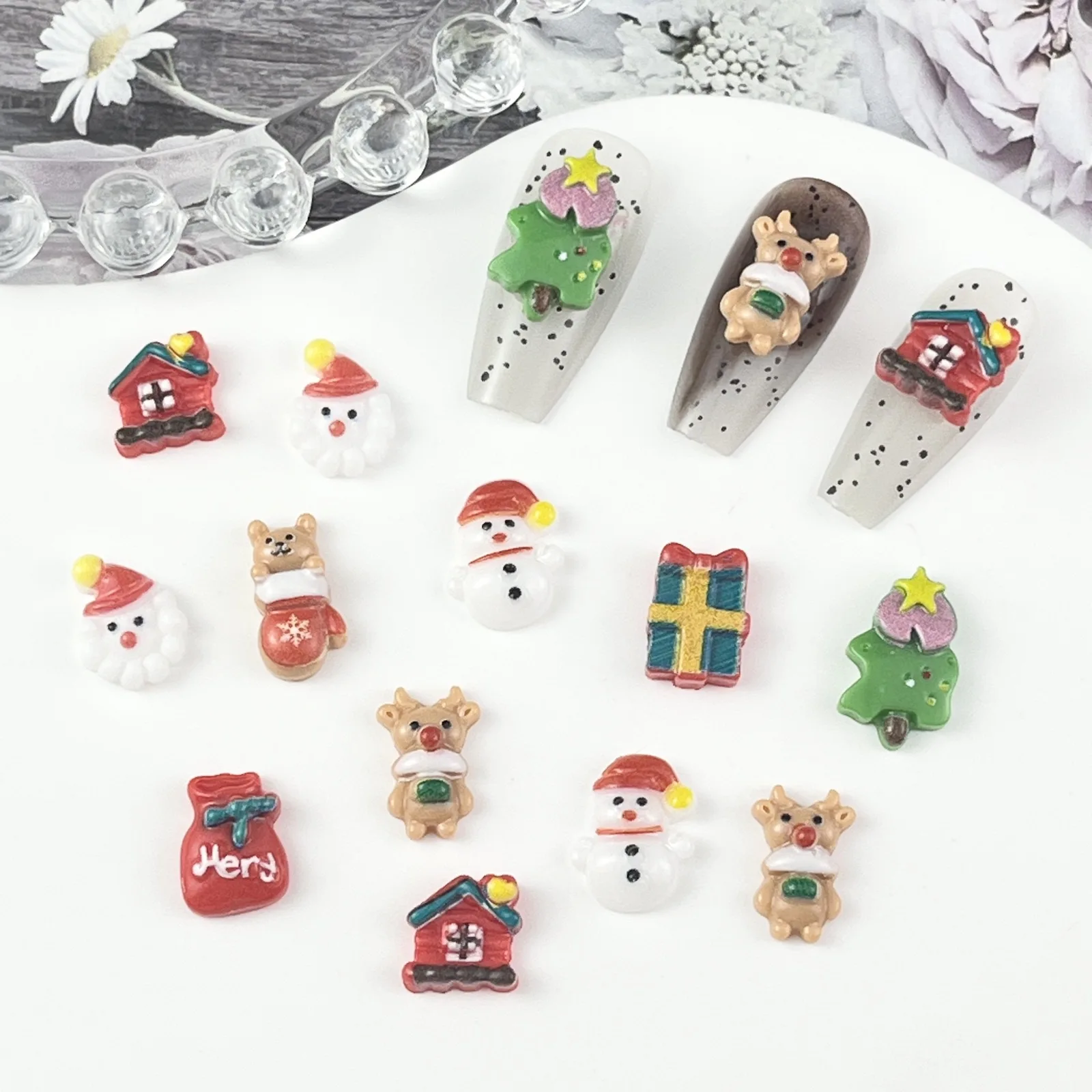 20pcs miniso christmas cartoon nail charms for diy nail making cute mini resin flatback nail art decoreation