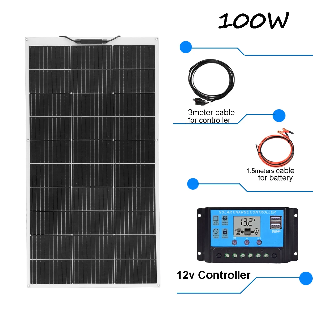 100W - 400W 12v photovoltaic panel solar panel complete kit 12 v Solar energy Inverter 220v 110V charge battery balcony power