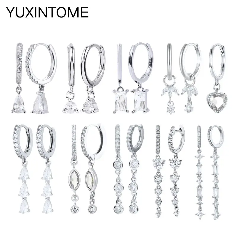 

925 Sterling Silver Needle Colorful Zirconia Water Drop/Heart Pendant Earrings Fashion Gold Silver Hoop Earrings Women's Jewelry