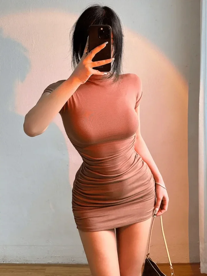 Vestido Mini Corto de Cuello Alto con Pliegues en la Cintura, Ajustado y Sexy para Mujer, Ropa de Fiesta 6