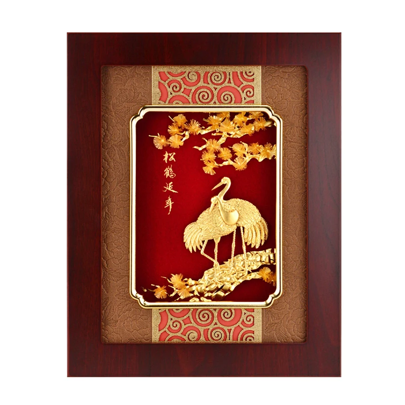 Gold Foil Three-dimensional Painting Pine Trees and White Cranes for Longlivety Home Decoration for Grandfather and Elder Gifts