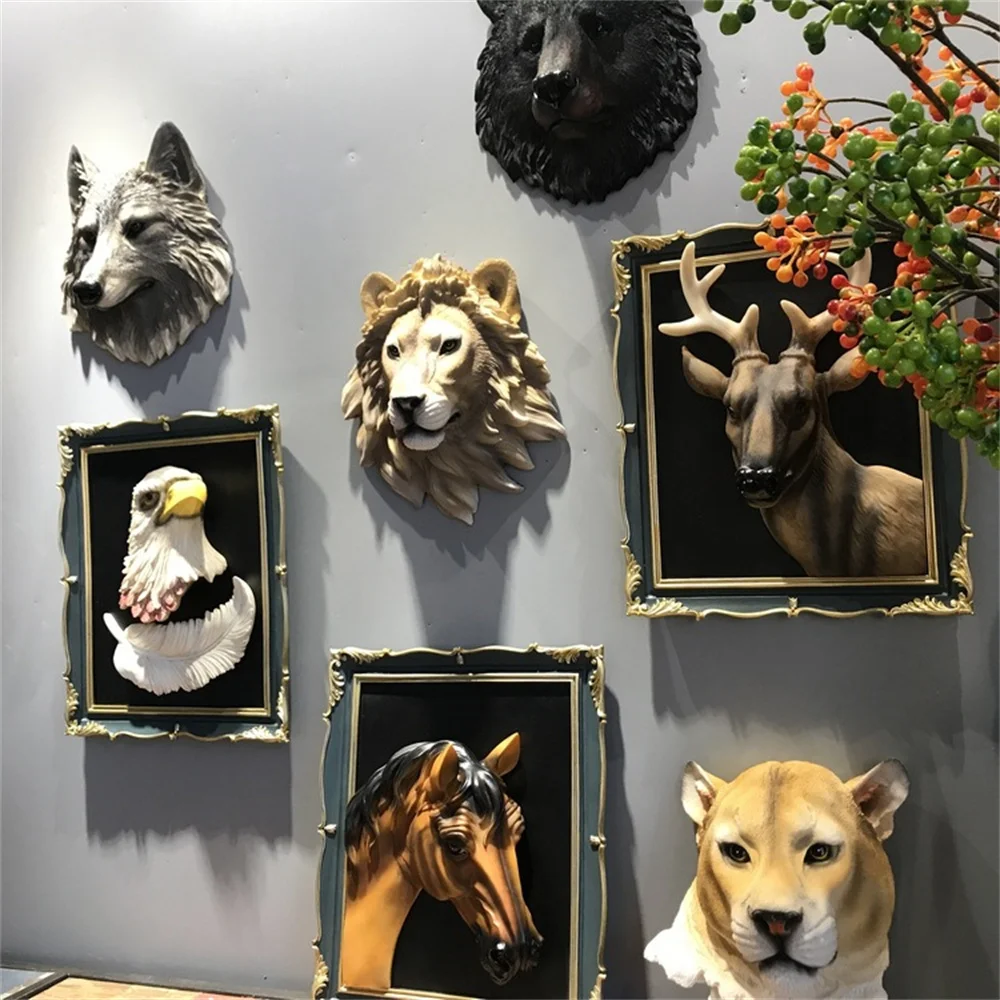 

3D Animal Head Figurines Resin Tiger Wolf Lion Heads Holder Statues Wall Hanger Statue Hook Hanging Rack Home Wall Decor