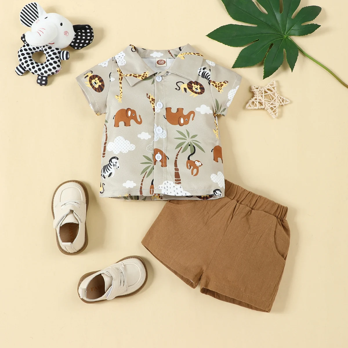 Summer Cartoon Printed Baby Boy Short Sleeve Lapel Shirt And Khaki Shorts Set Casual Fashion Outfit for Infants