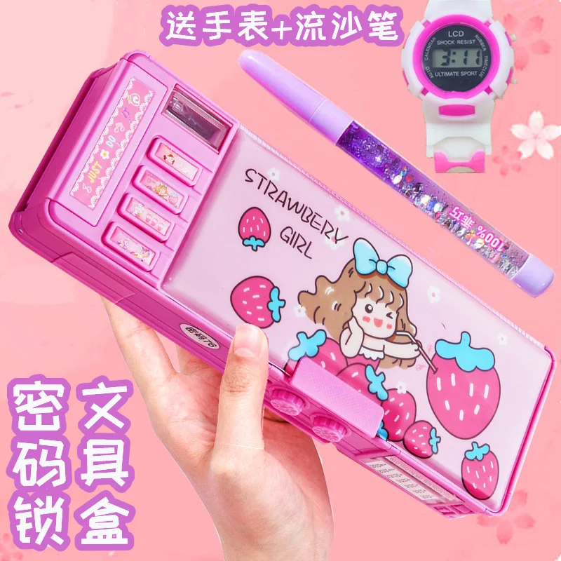 Mechanical deformation combination lock stationery box girl cute pencil case school student pencil box Cartoon plastic pen case