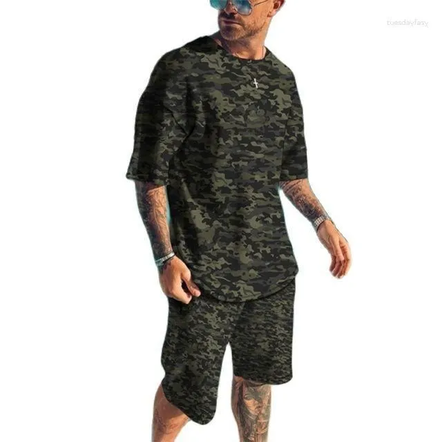 Summer 2024 New Men\'s Tracksuits 3D Printed T-shirt Set Camouflage Pattern Sportswear Short Sleeve Shorts Fashion Street Clothes