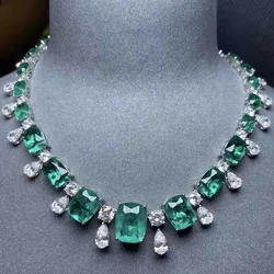 Luxury Silver Color Emerald Necklaces for Women Green Zircon Stone Geometry Charm Necklace Fashion Evening Party Jewelry Gift