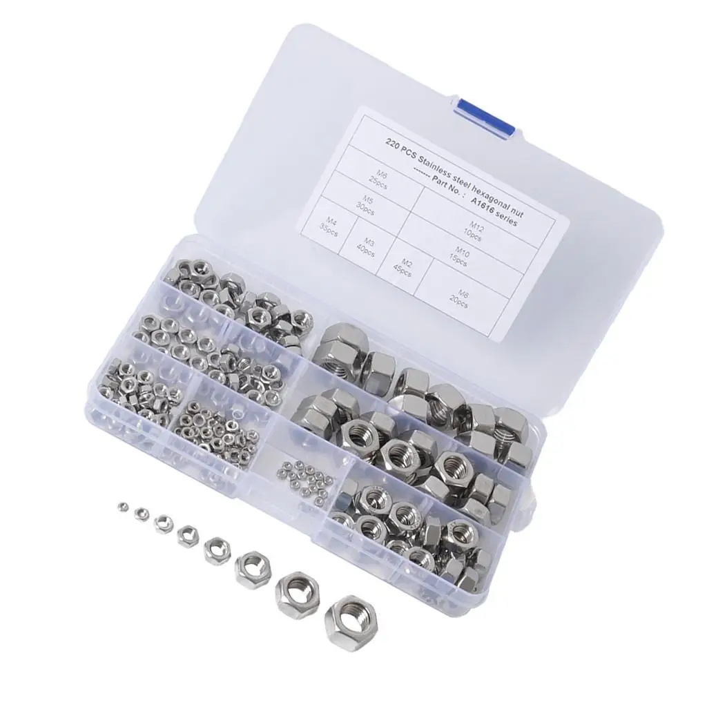 220pcs Metric 304 Stainless Steel Lock Nut Assortment Kit - M2- - with Storage Box