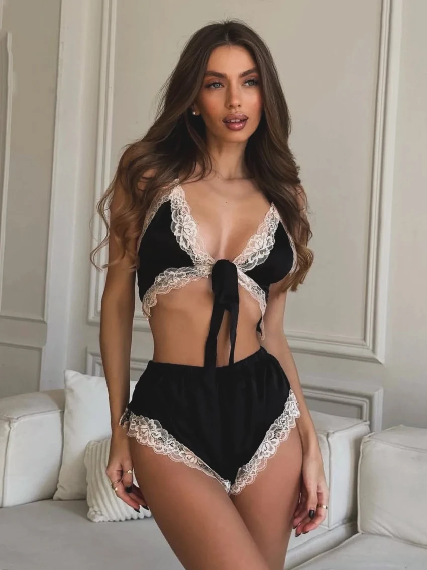 Marthaqiqi Summer Women Sleepwear Set Sexy Spaghetti Strap V-Neck Pajamas Lace Up Nightie Tank Top Nightwear Shorts Home Clothes