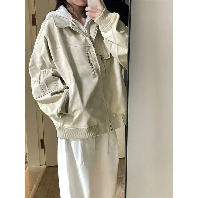 

Retro American Style Apricot Leather Loose Unisex Spring Autumn New Design Versatile Motorcycle Jacket For Teens