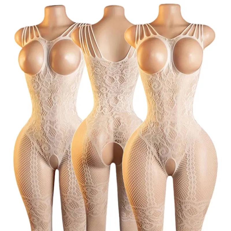 Lencería sexy para mujer: Body de encaje transparente con abertura en el pecho y entrepierna, estilo teddy con sujetador y abertura en la entrepierna.