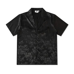 Harajuku Men Shirts Black Flower Print Short Sleeve Single Breasted Loose Shirt 2024 Hio Hop Beach Casual Streetwear Unisex