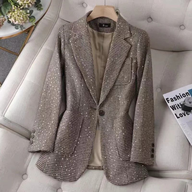 Spring fashion sequins houndstooth Ms. Suit new spring thickening casual jacket blazer women  tweed  chaqueta de mujer