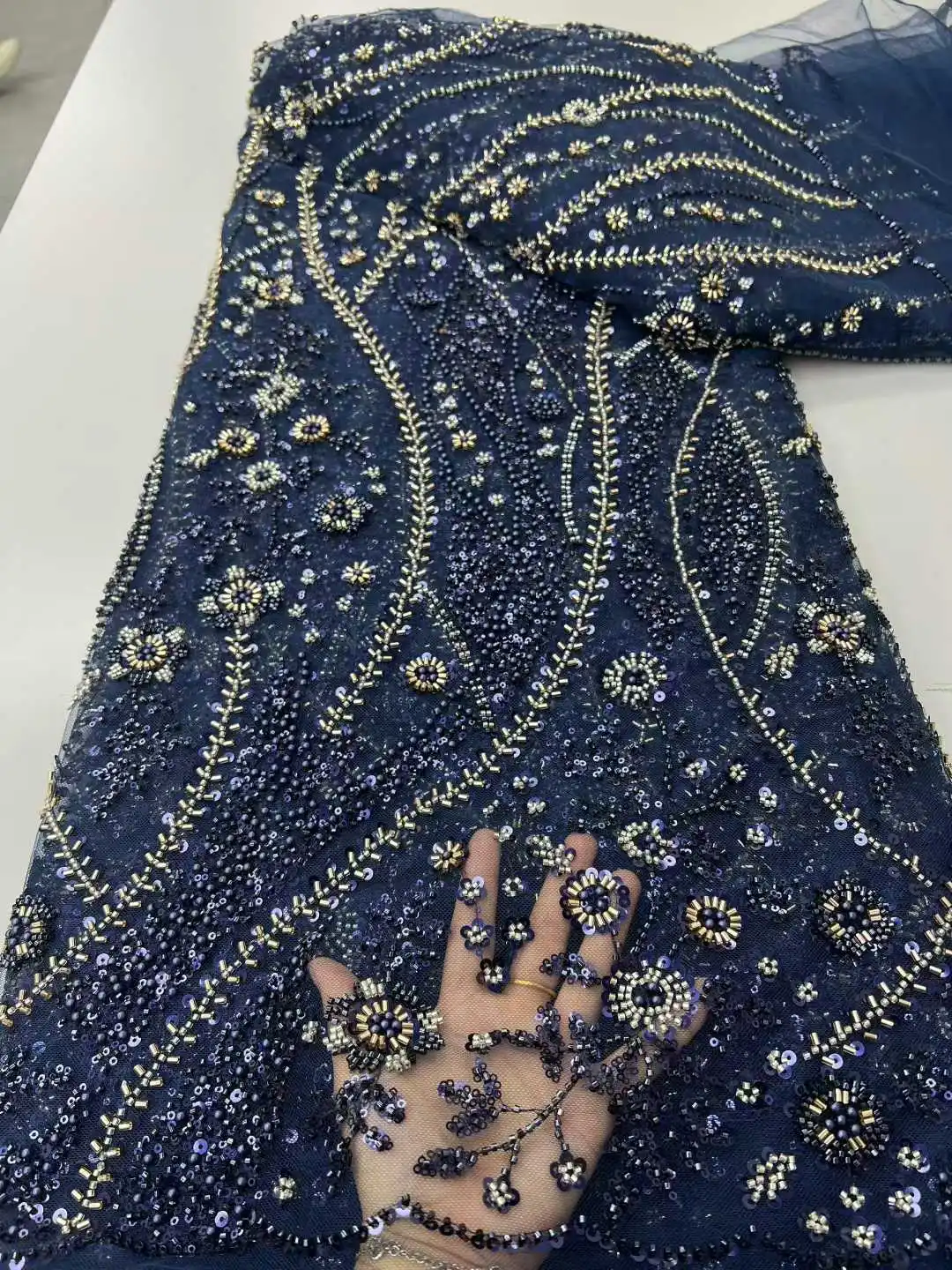

5Yards African Lace Fabric High Quality Beaded Embroidered Mesh Lace with French Sequins for Wedding Nigerian 2026 Latest Design