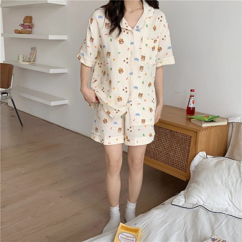 Kawaii Bear Print Summer Pajamas Set Women Single Breasted Shirts + Shorts Suit Cotton Cartoon Two Piece Pajamas Set Ins