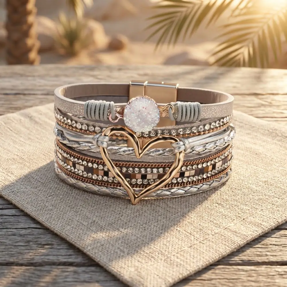 Braided Heart Woven Bracelet Crystal Multi-layer Design Bohemian Style Bracelet Wristbands Leather Stacked Zircon Bracelets Gift