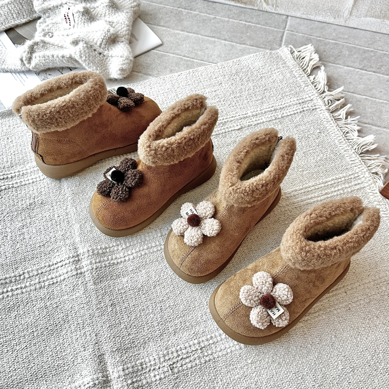 

Toddler Girls Ankle Boots with Flower 2025 New Winter Kid Warm Plush Lining Leather Boots Non-slip Versatile School Boots Age5-8
