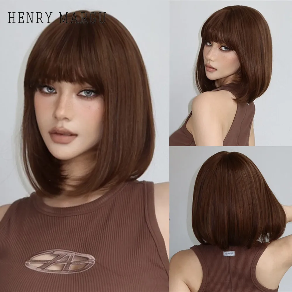 

HENRY MARGU Chocolate Brown Bob Synthetic Wig Short Straight Wigs with Bangs Natural Brown Daily Hair for Women Heat Resistant